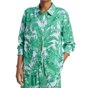 Aqua Tropical Print Button Down Shirt - Green Palm‎ Leaf Blouse - Size S